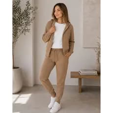 Conjunto Moletom Com Capuz Blusa Zíper Calça Bolsos Feminino