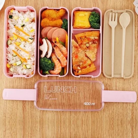 900ML Lancheira Ecológico Com 3 Camadas Pp / Marmita Com Utensílios De Cozinha