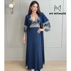 Kit Robe e Camisola Longos de Amamentação Sem Bojo em Microfibra Light com Renda Bicolor