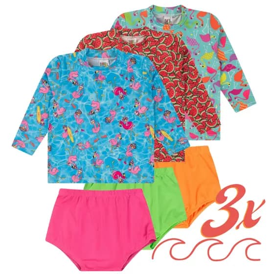 Kit 3 Conjunto Uv Infantil Blusa Menina Proteção Solar Bebê Moda Praia