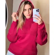 Blusa Feminina de Tricô/ Blusa Básica/ Blusa com Bolsa e Toca/ Blusa Feminina de Tricô com Bolso e Toca