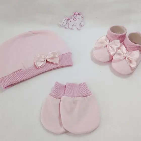 Kit Touca + Sapatinho + Luva para Bebê e Recém Nascido | ROSA