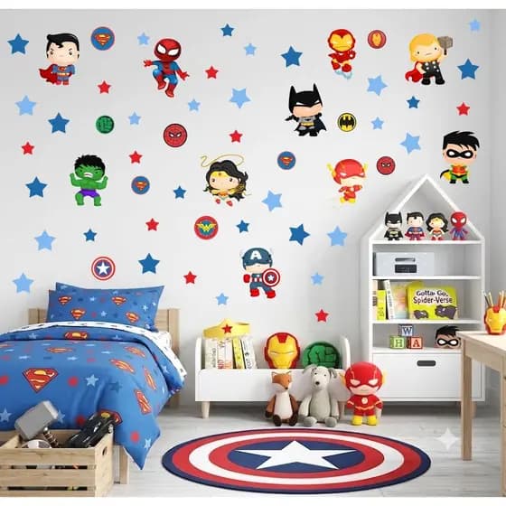 Adesivo de Parede Heróis Cute + Estrelas - Papel de Parede Infantil - Adesivo de Parede Infantil Heróis Baby