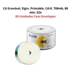 Cd Gravável, Elgin, Printable, Cd-R, 700mb, 80 min, 52x - 5 Unidades Com Envelopes