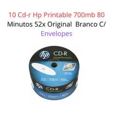10 Cd-r Hp Printable 700mb 80 Minutos 52x Original  Branco C/ Envelopes
