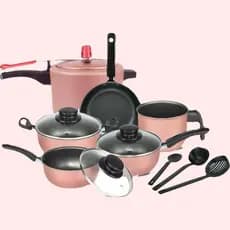 Jogo De Panelas Elegan 9 Peças Rosa Com Panela De Pressão 4,5 Litros antiaderente Dona chefa