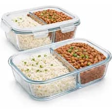 Kit 2 Potes Marmita de Vidro Borossilicato com Divisória | Pote Hermético 2 Compartimentos, 1040ml, 18x13,5x6cm
