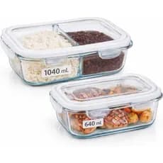 Kit 2 Potes de Vidro com Tampa, 2 Peças, 1040 mL e 640 mL, com Divisória e Trava