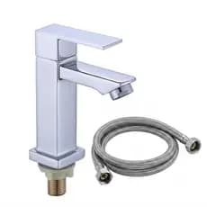 Kit Torneira Banheiro Lavabo Luxo Bica Baixa + Mangueira Rabicho Engate 50cm