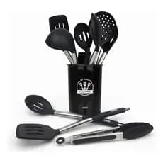 Lumai Jogo 10 Utensílios Cozinha Silicone Cabo Inox Espátula Colher Pegador Concha Escumadeira