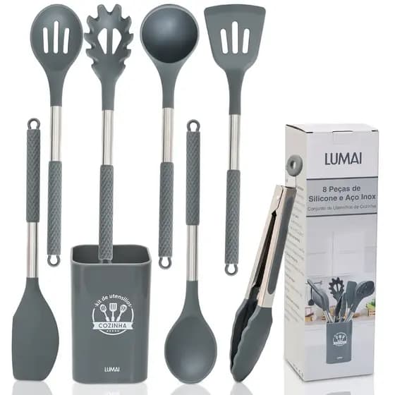 Lumai Kit 8 Utensílios Cozinha Silicone Inox Grande Balde Colher Espátula Concha BPA Free