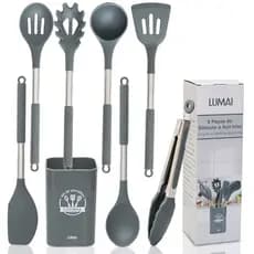 Lumai Kit 8 Utensílios Cozinha Silicone Inox Grande Balde Colher Espátula Concha BPA Free