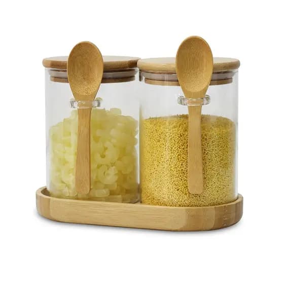 Lumai Pote Vidro Hermético Tampa Bambu 550ml Café Açúcar Tempero Kit 2 3 Potes Colher Bandeja