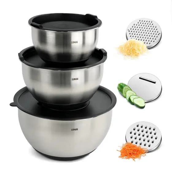 Lumai Kit 3 Bowls Tigela Inox Tampa Hermética Ralador Fatiador Base Antiderrapante 1L 2.5L 4.5L