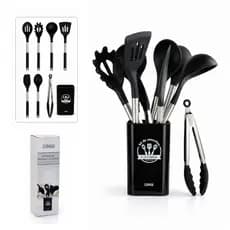 Lumai Kit 8 Utensílios Cozinha Silicone Inox Grande Preto Espátula Colher Concha Balde