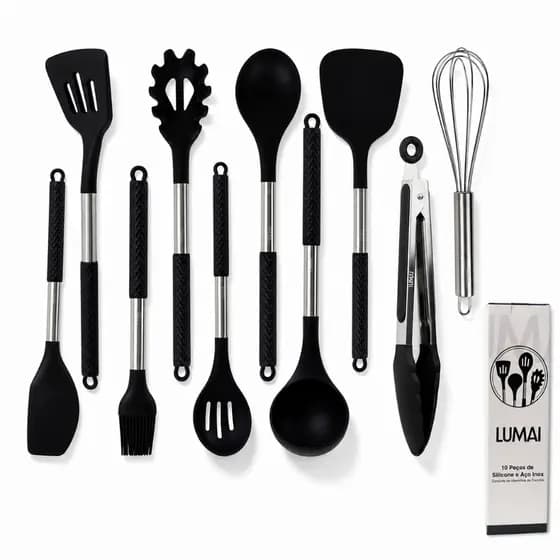 Lumai Kit 10 Utensílios Cozinha Silicone Inox Espátula Concha Pincel Pegador Antiaderente