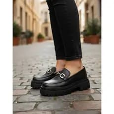 Mocassim Feminino Tratorado Oxford Plataforma Blogueira Metal Corrente