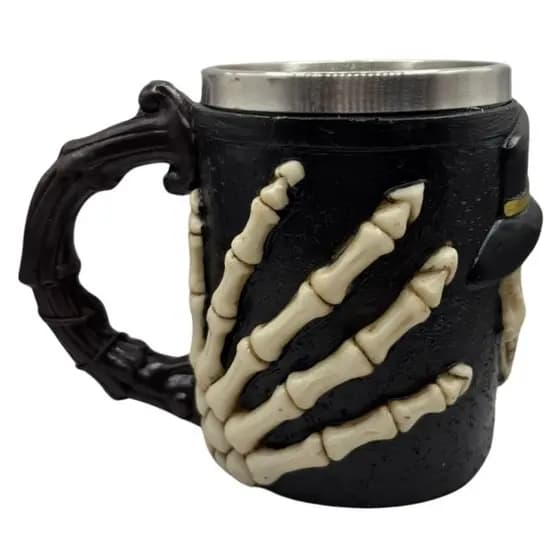 Caneca 3d Caveira Crânio Cartola Ossos Mão Relevo Copo Aço