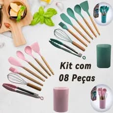 Conjunto de Utensílios Silicone 8 Peças Cozinha Confeitaria Pegador Espátulas Colheres Rosa/Verde