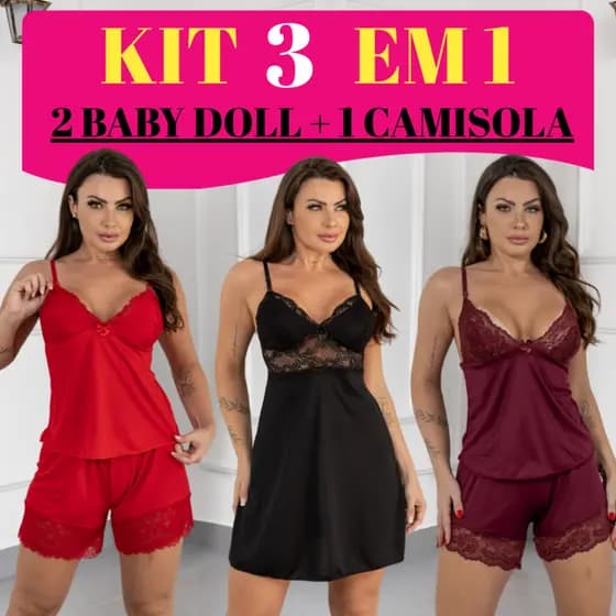 Kit com 2 Baby Doll e 1 Camisola Pijama Feminino Sensual