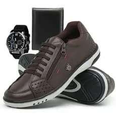 Sapatenis Masculino Casual com Cadarços e Elástico e Brindes Acessórios Relógio + Carteira