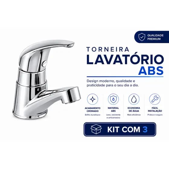 Torneira Lavatório Banheiro ABS Cromada Premium | Fácil Instalação | Kit 3 Unidades