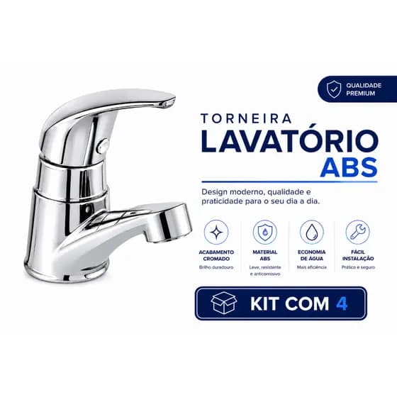 Torneira Lavatório Banheiro ABS Cromada Premium | Fácil Instalação | Kit 4 Unidades
