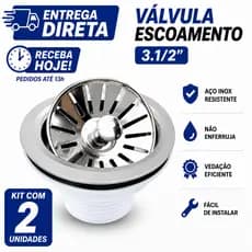 Válvula Escoamento 3.1/2 Aço Inox Premium | Pia Cozinha | Kit 2 Unidades | Receba Hoje Grande SP