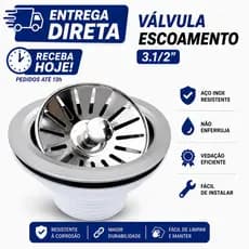 Válvula Escoamento 3.1/2 Inox Polido Premium | Pia Cozinha | Kit 1, 2, 3, 4 e 5 Unidades | Entrega Direta