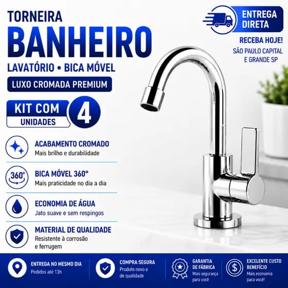 Torneira Banheiro Luxo Cromada Premium | Bica Móvel para Lavatório | ENTREGA DIRETA| 4 Unidades