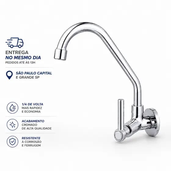 Torneira Cozinha Parede Bica Móvel Luxo Metal Cromado 1/4 Volta | 1, 2, 3, 4 e 5 Unidades
