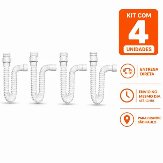 Sifão Flexível Universal Branco ABS Ajustável | Para Pia, Tanque e Lavatório | ENTREGA DIRETA | Kit 4 Unidades
