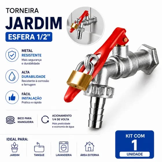 Torneira Jardim 1/2  Cadeado | 1 Unidade | Metal Reforçado Alta Durabilidade