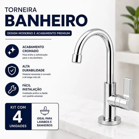 Torneiras para Banheiro e Lavatório Cromada | Bica Móvel 360° | 4 Unidades