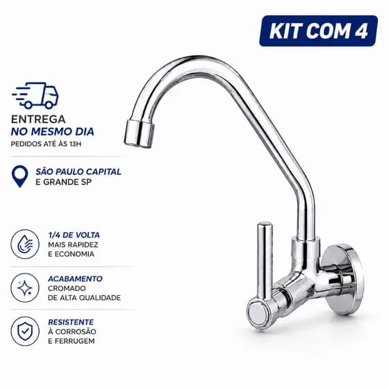 Torneiras Gourmet Cozinha Parede Metal Cromado Bica Móvel 1/4 Volta Luxo | 4 Unidades