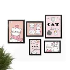 Kit 5 Quadros Placas Para Sua Casa Gato Cachecol Rosa Cat Lovers