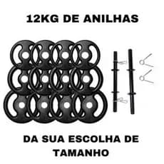 Kit com Barras de Halteres De 40cm + Presilhas e Anilhas de Ferro Fundido - 12 Kg