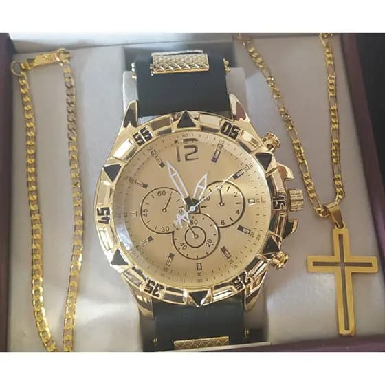 Conjunto relógio borracha masculino com corrente pulseira e pingente