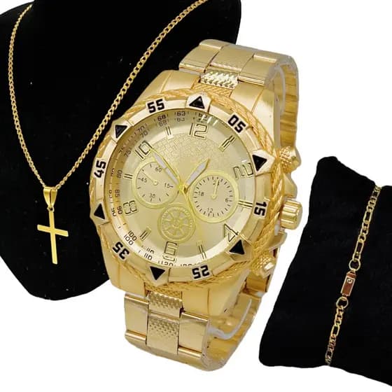 Kit Relogio Masculino Cordão e Pulseira em Aço Inoxidável