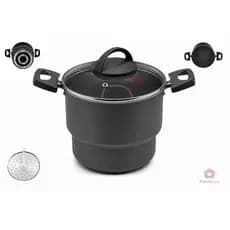 Cuscuzeiro Antiaderente Teflon Cor Preto Grafite Com Tampa De Vidro Temperado.