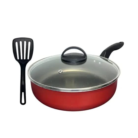 Frigideira Alta Funda 24 cm Antiaderente Teflon com Tampa de Vidro + Espátula Nylon Vermelha