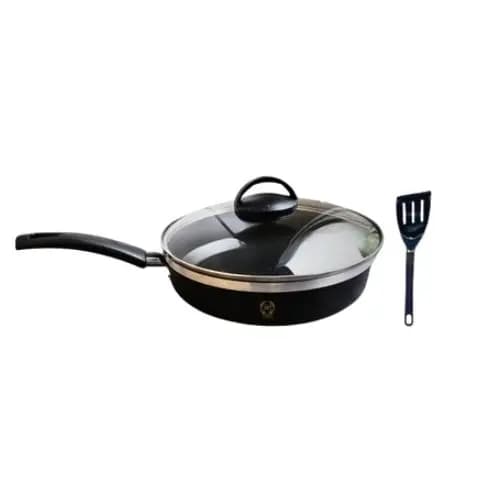 Frigideira Hera 22cm Cor Preta Alta Funda Antiaderente Teflon Tampa de Vidro Espátula Borda Premium