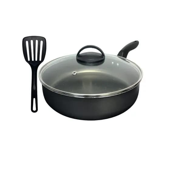 Frigideira 24 cm Antiaderente Teflon com Tampa de Vidro e Espatula Cor Grafite