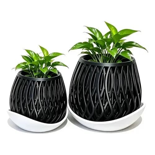 Vaso Decorativo Preto Vazado Com Prato Kit 2 Unidades,