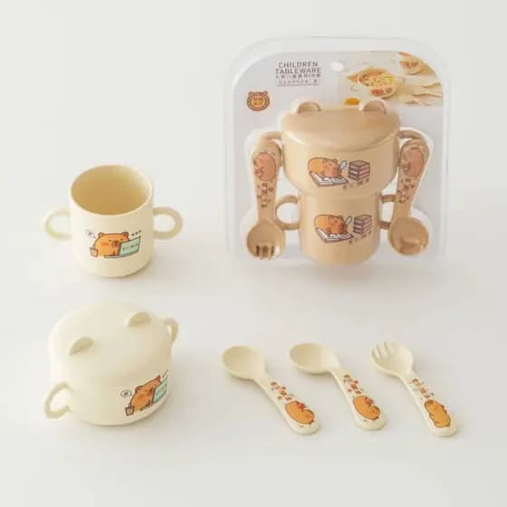 Kit Jogo de Refeição Infantil  Talher Copinho Capivara 5 pçs