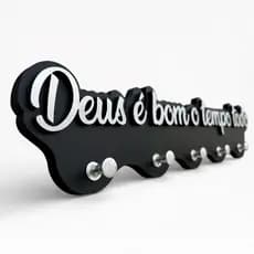 Porta-chaves em MDF com Frase “Deus é bom o tempo todo” | 5 Ganchos | Decoração de Parede