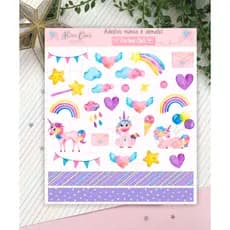 Cartela de Adesivos n 060 - Adesivo de unicórnio, núvem, estrela, coração, sticker fofo para decorar planner
