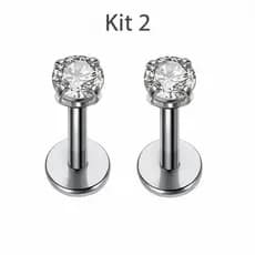 Kit 2 Piercing Labret Aço Cirúrgico Zircônia Rosca Interna Helix Tragus Conch Nariz Boca Medusa Ponto de Luz