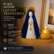 Kit Nossa Senhora Aparecida com Bandeja e Porta Vela LED Altar Católico Decorativo Religioso Presente de Fé Proteçao