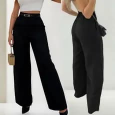 Calça Pantalona Alfaiataria Cintura Alta Com Cinto Zíper Lateral Feminina Social Elegante com Bolsos